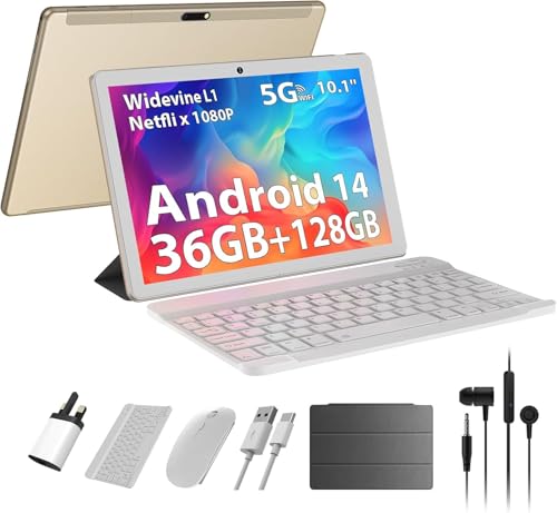 AXETOP 10 Inch Tablet Android 14,36GB RAM+128GB ROM(TF 1TB), Octa Core, 2.0 GHz,5G WiFi, Widevine L1 | Google GMS | 8000mAh | Bluetooth 5.0 | 8MP+5MP | Tablet with Keyboard, Mouse, Case, Stylus - Gold
