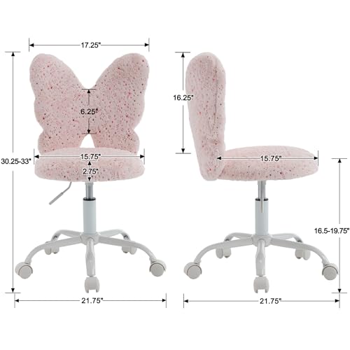 Image of Kmax Kids Desk Chair, Faux Fur Butterfly Chair with Wheels Adjustable Fuzzy Kids Office Chair Cute Swivel Childrens Chair for Bedroom Reading Room - Pink