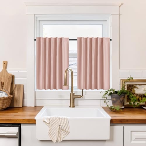 Image of RYB HOME 100% Blackout Short Curtains for Small Window, Thermal Insulated Noise Reducing Back Tab Curtains for Nursery Bathroom Basement, 42 inches Wide by 30 inches Long, Peach Pink