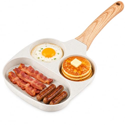 Toyosport Nonstick Egg Frying Pan, 3-In-1 Divided Frying Pan, Breakfast Pan, Anti-Cald Handle, Easy to Clean, Compatible with All Stoves, Ideal for Egg, Steak, Bacon and Sausage