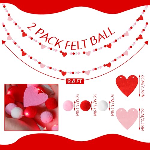Image of 2 Pcs Valentine's Day Heart Felt Banner with LED Lights Red Pink White Heart Felt Banner Pom Pom Ball Garland Valentine's Day Heart Pompom Hanging Garland for Indoor Home Party Favors