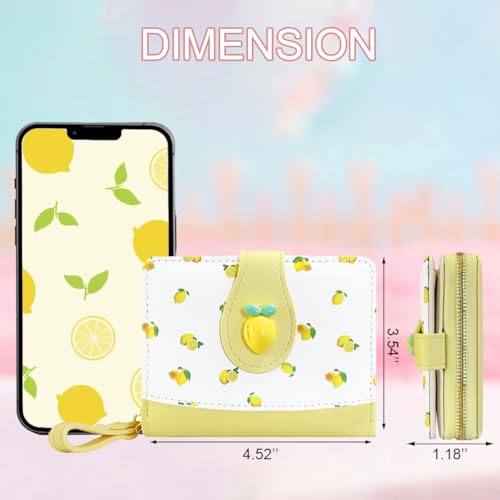 Image of Cute Print Wallet Blueberry Strawberry Cherry Wallet with Credit Card Slot Zipper Coin Pocket for Women Girls (LEMON)