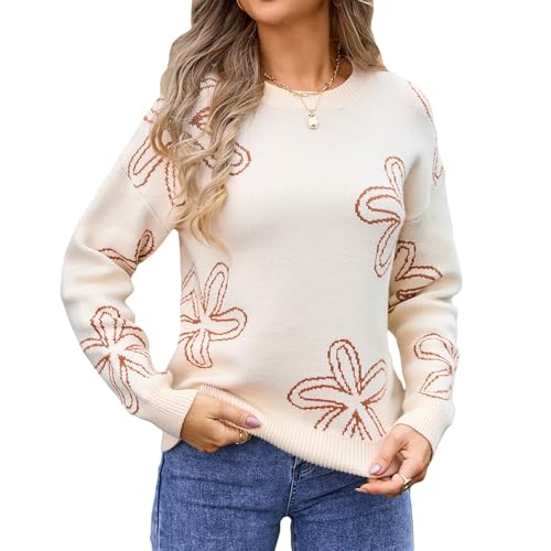 Wowcarbazole Women's Sweater Long Sleeve Crew Neck Casual Floral Print Pullover Sweaters 2024 Fall Chunky Ribbed Knit Tops