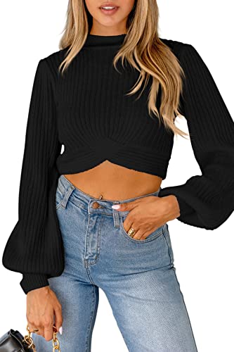 Womens Fall Winter Cropped Sweater Causal Mock Neck Ribbed Knit Pullover Jumper Tops2