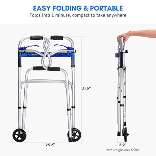 Health Line Massage Products 3 in 1 Stand-Assist Folding Walker with Trigger Release and 5 inch Wheels Supports up to 350 lbs, Compact Lightweight & Portable with Glides, Silver - Thumbnail 6