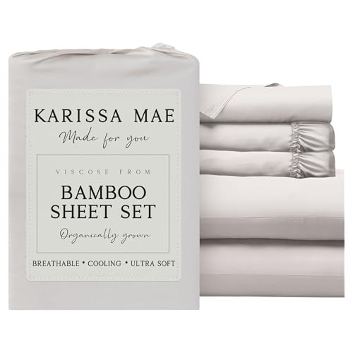 Image of KARISSA MAE Luxury Bamboo Viscose Split King Size Sheet Set, FSC Certified | Includes 2 Twin XL Fitted Sheets | Sleep Number & Adjustable Bed | Cooling | 18 inch Deep Pocket w / Corner Straps [Cream]
