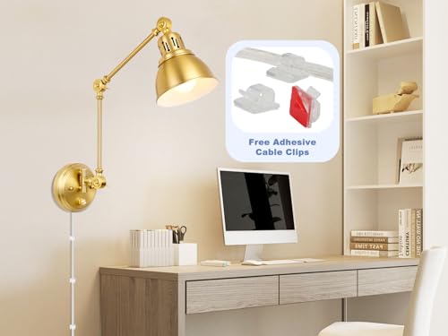 Image of GOODATE 2 Pack Plug in Wall Sconces, Dimmable On Off Switch, Swing Arm Wall Lamps, Wall Sconces Set of Two, Gold Metal Industrial, Plug-in or Hardwired (Gold, Without Bulbs+Remote)