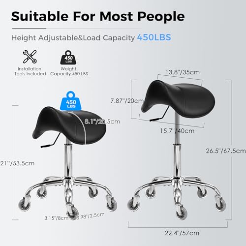 Image of BEWISHOME Saddle Stool with Wheels, Ergonomic Contoured Seat, Thick Cushioned PU Leather Swivel Saddle Chair with Adjustable Height for All-Day Comfort, for Salon, Clinic, Studio and Home Office