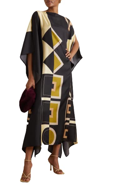 Hiyan Creation Modest Wear Women Soft Satin Silk Printed Kaftan,Kurta,Beach Party wear Kaftan,Luxury Silk Caftan Silk top Regular wear Kaftan Fancy Dress (Black and Yellow)