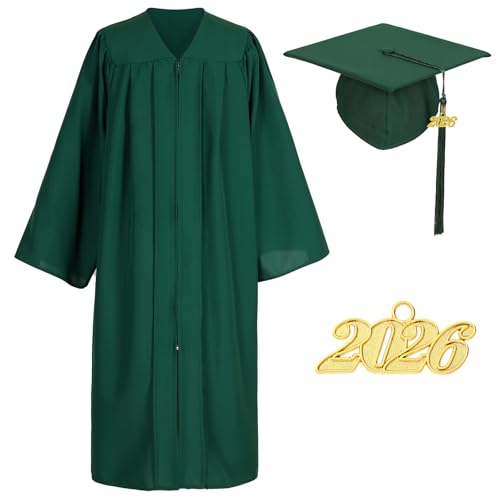 Gradwow Matte Graduation Cap Gown and Tassel Set for Adults Bachelor High School College University (Forest Green, 54)