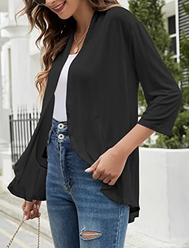 Image of Yekaty Women Cardigan 3 /4 Sleeves Open Front Lightweight Cardigan Draped Ruffles Knit Cardigan