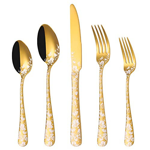 Stapava 20-Piece Gold Silverware Set for 4, Stainless Steel Flatware Cutlery Set, Unique Tableware Utensil Sets Include Forks, Spoons and Knives Set, Mirror Polished, Dishwasher Safe