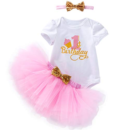 Baby Toddler Girls 1st Birthday Tutu Dress Cotton Outfit Short Sleeve Floral Romper Bodysuit+Tulle Skirt+Headband 3Pcs Clothes Set Pink Cake Birthday Size 12-18 Months
