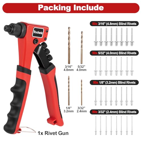 Toolwiz Rivet Gun One-Handed Rivet Gun Kit with 200pcs Rivets, 4pcs Tool-Free Interchangeable Heads and 4pcs Drill Bits - Heavy Duty Hand Riveter for Metal, Wood, Plastic, Leather, Fabric by Toolwiz - Image 7