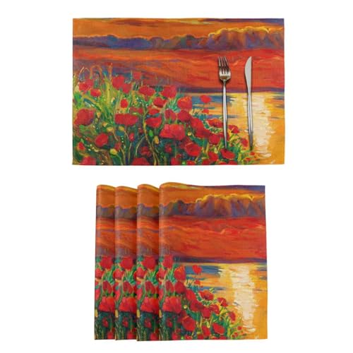 Lot de 6 sets de table motif coquelicot océan pour table de salle à manger, cuisine, facile à nettoyer et lavable