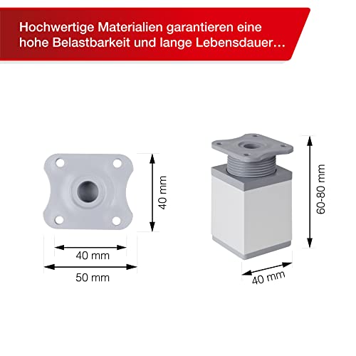 LouMaxx Adjustable Square Furniture Feet, Set of 4 40 x 40 x 60 mm in Aluminium/Silver with Mounting Plate - Image 3