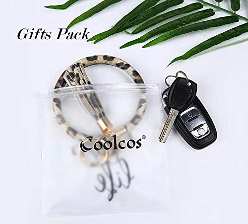 Coolcos Key Ring Bracelets Wristlet Keychain Bangle Keyring - Large Circle Leather Tassel Bracelet Holder For Women Gift (Leopard Cheetah Upgrade)