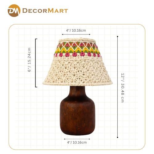 Image of The Decor Mart Crochet Shade Table Lamp with Wooden Base|Sleek Decor Decorative Beside Light for Desk,Bedroom, Living Room, Home Office and Hotel(20x20x30 cm) (White)