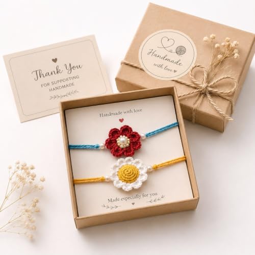 Image of Handmade Crochet Floral Rakhi Set | Cotton Thread Bracelet with Pearl Accent | Designer Raksha Bandhan Gift Combo (Pack of 2)