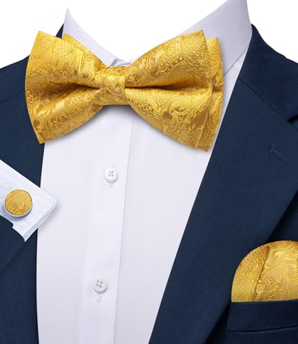 Image of YOHOWA Mens Bow Tie Set Paisley Pre-tied Bowties Adjustable with Handkerchief Cufflinks Gold Ring Set Wedding Prom Party