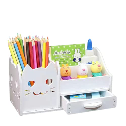 Desk Organizer 4 Grids Cute Hollow Out Design Aesthetic Pen Holder Stationery Storage Wood Drawer Kawaii Desk Stuff Girly Desk Organizer Accessories for Girls School Supplies (White Big Eye Cat)