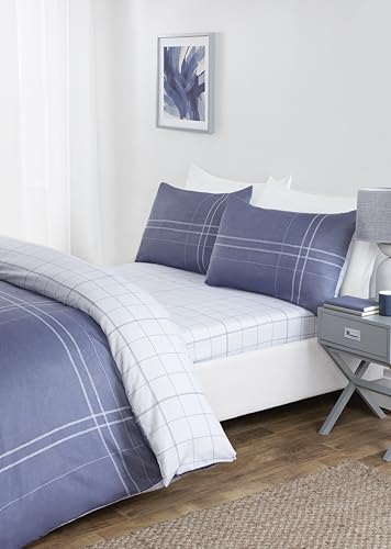 Rapport home King Blue Checkered Duvet Cover Set - Soft Microfibre Bedding with Fitted Sheet & Pillowcases - Easy Care Gingham Design - Image 2