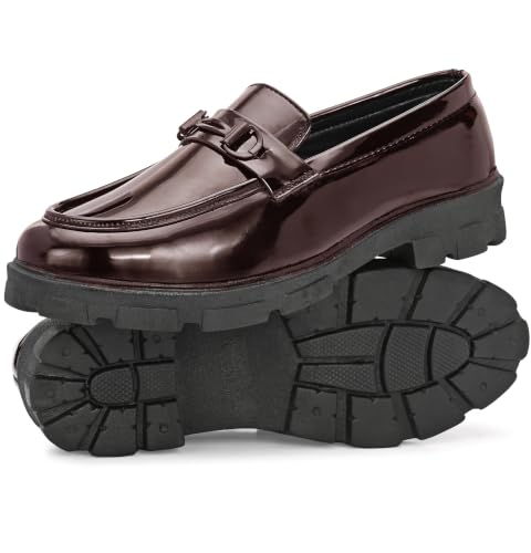 Image of Men's Premium Glossy Black Chunky Sole Loafers with Metal Accent | Fashion Slip-On Formal Casual Shoes