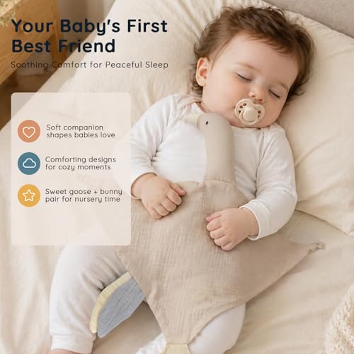 Image of 2-Pack Bunny & Goose Baby Lovey Security Blankets, Soft, Breathable Cotton Muslin, Unisex for Newborns & Infants (Khaki Set)