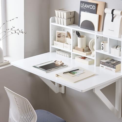SoBuy Wall Mounted Folding Table Foldable Floating Desk for Small Spaces Fold Down Workstation Table with Adjustable Shelf for Home Office Bedroom or Kitchen White FWT07-II-W