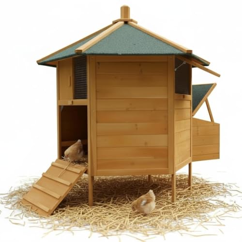 Mucola Hühnerhaus mit Nestbox, Rampe und Hühnerstangen Hühnerstall 6-Eck Pavillion 131x125 cm Gefügelstall Kleintierstall Legenester Hühnervoliere | für 5-8 Hühner