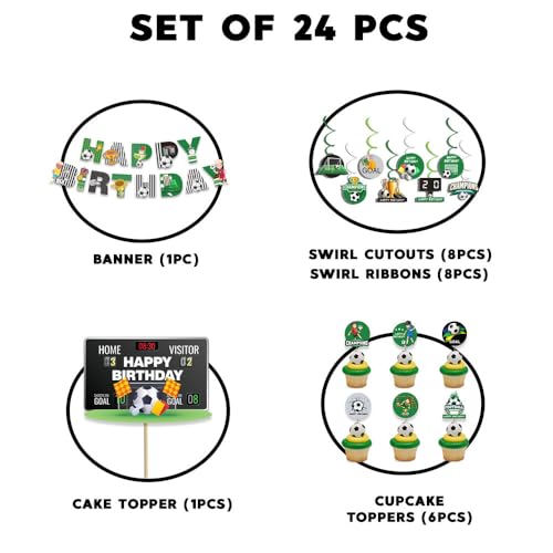 Image of Festiko Set of 24 Pcs Football Theme Happy Birthday Combo (Banner, Swirls With Cutouts, Cake & Cupcake Toppers), Football Theme Decorations, Birthday Decoration Items
