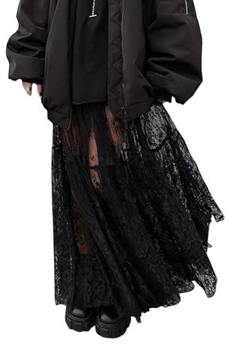 Women Sexy High Waist Solid A-line Cover Ups Beach Sheer Mesh Lace Maxi Skirt Without Lining