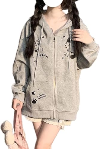 Women's Y2K Zip-Up Hoodie Oversized Streetwear Cat Ear Cute Cartoon