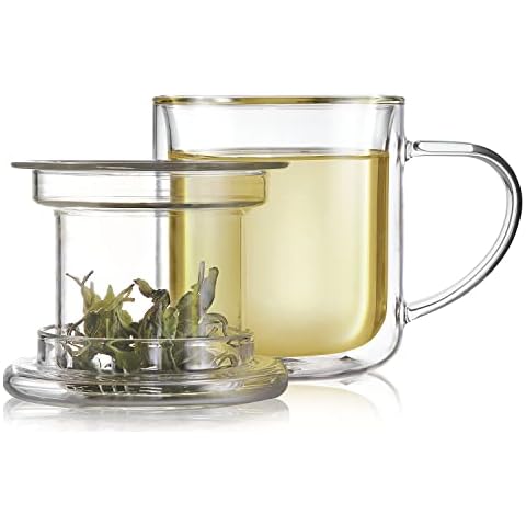 Teabloom Heatproof and Insulated Glass Tea Cup with Glass Infuser Cover
