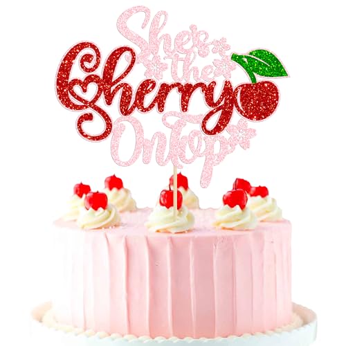 Gyufise 1Pc She's The Cherry On Top Cake Topper Glitter Sweet Cherry Cake Pick Decorations for Fruits Theme Baby Shower and Bridal Shower Party Decorations Supplies