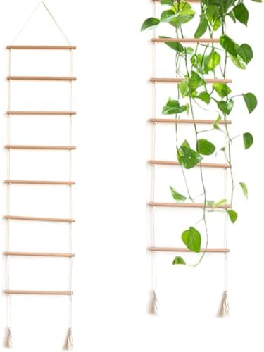 Wall Trellis, 51x10 Inch Wood Climbing Plant Ladder with Tassel Rope Decor, Hanging Climbing Plant Support for Balcony Patio Garden Indoor & Outdoor Use