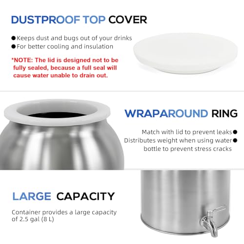 Image of Stainless Steel Water Dispenser, 2.5 Gallon Drink Dispenser with 18 /8 Stainless Steel Spigot & Airtight Lid, Water Cooler Dispenser Countertop for 3-5 Gallon Bottle, Water Crock for Parties Home