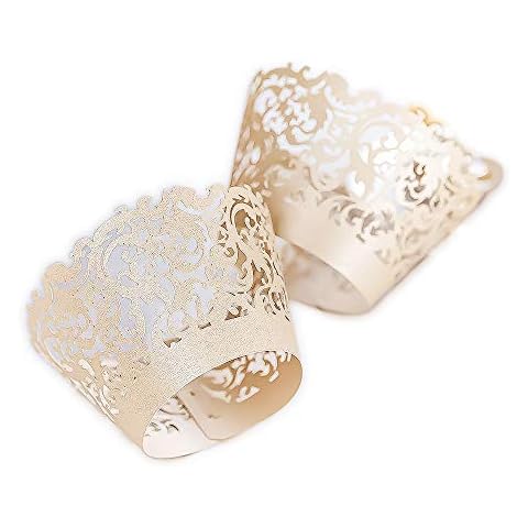 YOZATIA 60 Ivory Vine Lace Cupcake Wrapper, Laser Cut Cupcake Liners for Weddings Birthdays Tea Parties and any Special Event- Ivory Cover