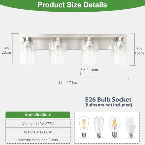 Image of Bathroom Light Fixtures,4-Light Brushed Nickel Vanity Lights Over Mirror
