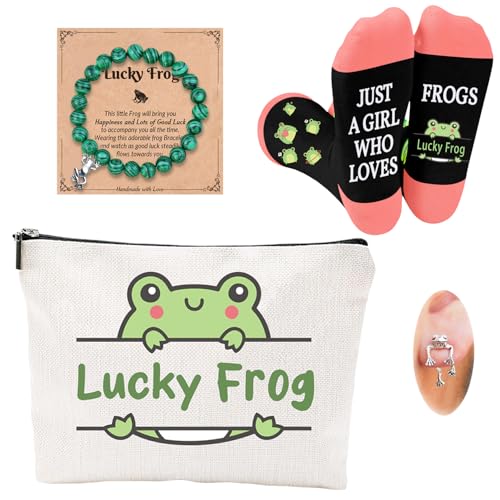 FJHAIY Frog Lovers Gift Set - Frog Cosmetic Bag, Bracelets, Socks, Earrings