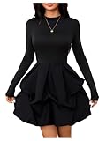 MakeMeChic Women's Long Sleeve Mock Neck Mini Dress Ruffle Hem A Line Short Dresses Black Medium