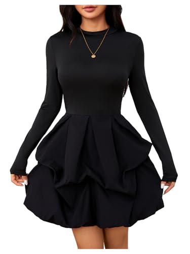 MakeMeChic Women's Long Sleeve Mini Dress Ruffle Hem Mock Neck A Line Fall Wedding Guest Short Dresses