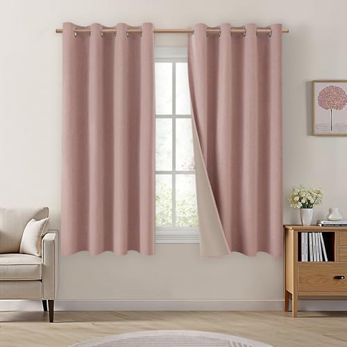 Image of HOMEIDEAS Blush Pink 100% Blackout Curtains 63 Inches Long, Thick Faux Linen/Linen Blend Textured Window Drapes, Cute Room Darkening Grommet Curtains for Girls Bedroom, Nursery, Living Room