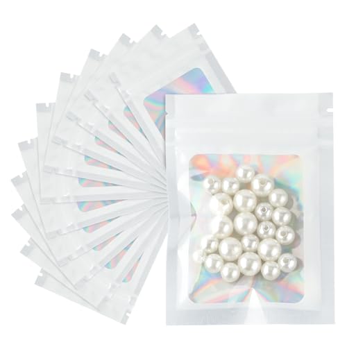 G2PLUS 100PCS Mylar Ziplock Bags Sachets Plastiques Zip 7x10cm-Blanc | Sachets Mylar Holographiques Refermables à Zip, pour Aliments, Friandises et Petits Objets