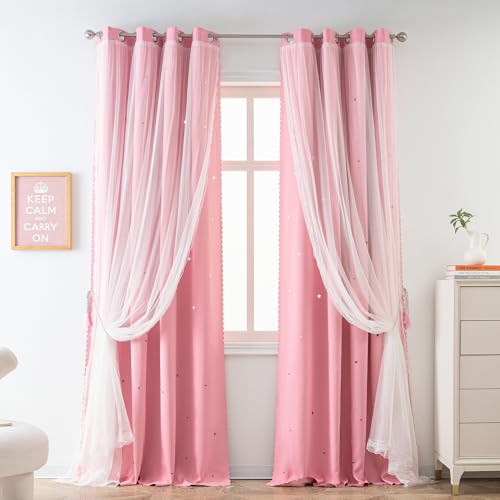 Image of Yancorp Pink Curtains for Bedroom Living Room Thermal Insulated Kids Curtain Hollow-Out Star Window Nursery Curtain 63 inches Length Room Darkening Grommet(Pink,52 * 63),1 Panel