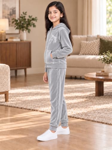 Image of Kuchipoo Girls Velvet Zipper Hooded Sweatshirt & Jogger Set | Soft Velour Zip-Up Hoodie with Kangaroo Pockets & Pajama | Warm Full Sleeve Winterwear