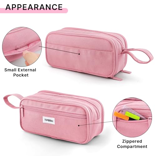Image of TOPBIDAI Large Pencil Case Pouch for Girls Boy Women Men Adults | Big Capacity Canvas Pencil Bag, Office School Supplies, Multi Compartment Zipper Stationery Pen Box(Light Pink)