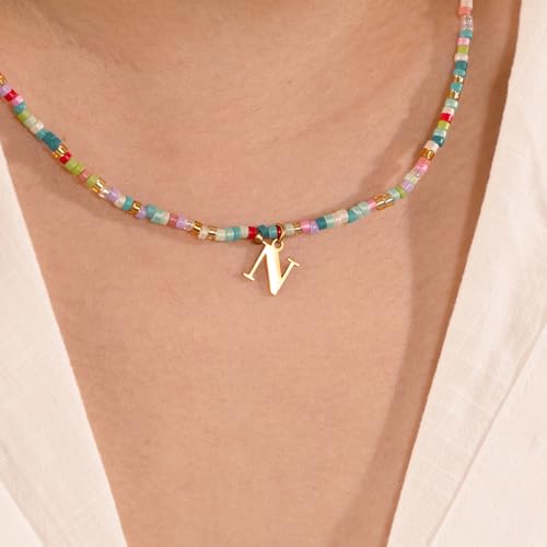 N Letter Necklace Colorful Beaded Stack Dainty Boho Choker for Women Girls — view 6