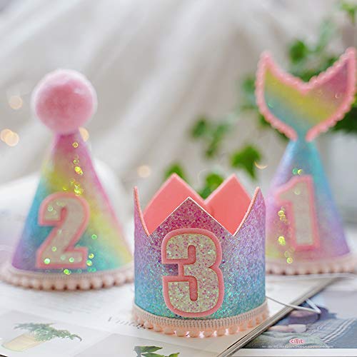 Princess Tiara Crown, Glitter Girls Kids First Birthday Hat Sparkle Sequined Party Supplies Number 2 Headband Little Princess Cake Smash Photo Prop for Baby Show 2nd Rainbow Cone Hat3