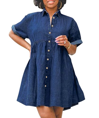 Image of Sexyshine Women's Plus Size Denim Babydoll Dress Short Sleeve Button Down Flowy Tiered Jeans Shirt Dress